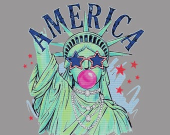 Preppy Brushstroke Statue of Liberty Blowing Bubble Png, American Flag USA Png, America 4th July Png Design, Girly Png