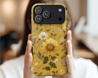 Funda para iPhone con diseño de girasoles, mariposas florales y compatible con MagSafe.