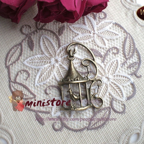 10pcs Antiqued Brass Charm,  filigree bird and cage   (SD516)