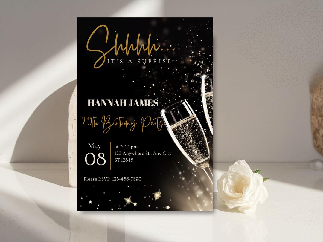 Black and Gold Glitter Surprise Birthday Invitation (digital Invite) - Etsy