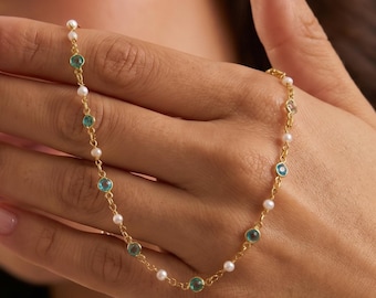 Aquamarine Pearl Dainty Gold Necklace, Beaded Layering Station Chain, Minimalist Light Blue Gemstone Jewelry, March Birthstone Bridal Gift