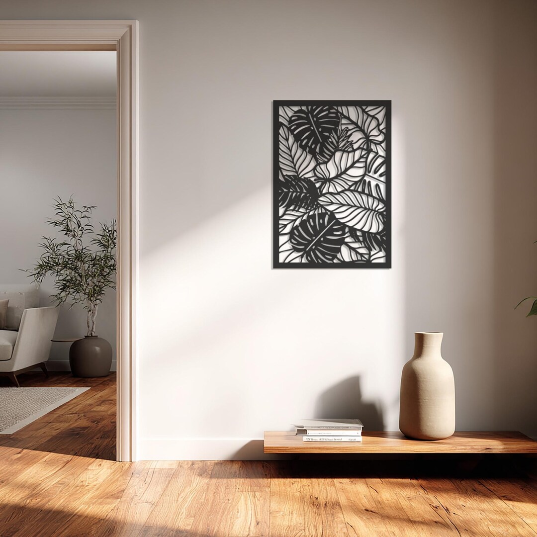 Metal Wall Art Tropical Leaf: Modern Botanical Decor, Black Minimalist ...