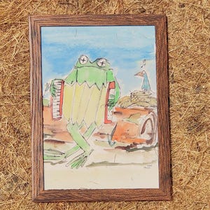 Pintura de acuarela de rana tocando el acordeón de 5x7, marco de madera, acordeón, país, rana, pájaro azul, granjero, música, original, granja, granero, sapo