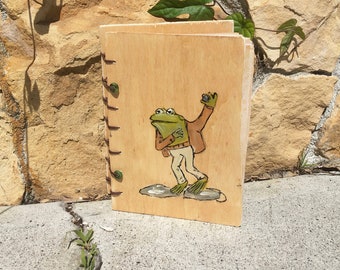 A Lost Button, Frog And Toad Journal, Arnold Lobel, vintage-style, recycled, handmade,coptic, hand sewn, wooden, wood, painting, art, button