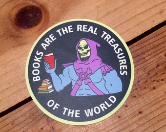 Skeletor Sticker, Books are the Real Treasures of the World, bookworm, water bottle sticker, motu, masters of the universe, skeletor, read