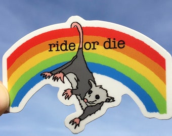 Ride or Die, Possum, Sticker, Rainbow, Water Bottle, , cute, possum stickers, queer, diversity, SardineRiot, gay, lesbian, pride sticker