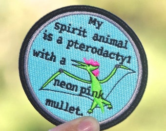 Punk Dino patch, Pterodactyl Patch, Spirit Animal, Neon, Mullet, dinosaur, bird, patches, gift, patch, self confidence, inspirational patch