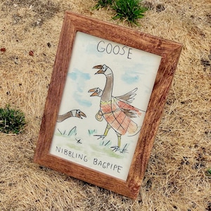 Framed Goose Watercolor Painting: Scottish Bagpipe Kilt Art