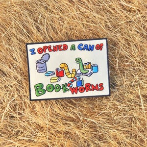 Bookworm Sew-On Patch: Book Club, embroidery, can of worms, wholesome, accessory