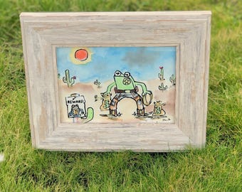Framed Cowboy Frog Original Watercolor Painting, Illustration: Sheriff Toad, Bounty Hunter, Wild west cactus