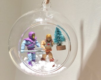 Skeletor and He-man Christmas Ornament, tree ornament, masters of the universe, Motu, villain, superhero, snowglobe, handmade, 3d diorama