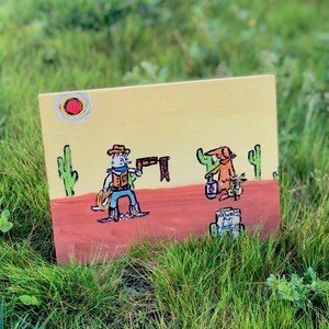 Western Tierkampf: Original Acrylgemälde mit Cowboy Katze und Hund, Sheriff Scruff