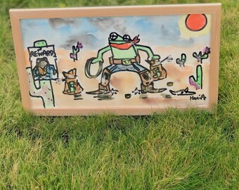 Wanted, Outlaw Cowboy frog Watercolor Painting: Framed toad illustration desert wild west artwork