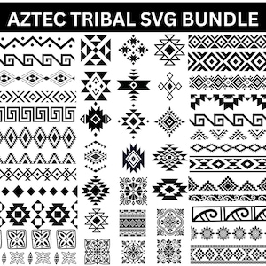 May include: Black and white Aztec tribal SVG bundle with various geometric patterns. The designs include zigzags, diamonds, squares, and other shapes. The text "AZTEC TRIBAL SVG BUNDLE" is at the top.