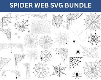 Puede incluir: Colección de diseños de telarañas en blanco y negro, con diversas formas y tamaños, algunos con arañas. El texto "SPIDER WEB SVG BUNDLE" se muestra en la parte superior. Ideal para Halloween.