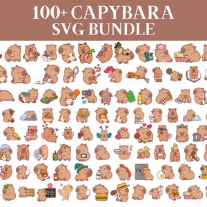 May include: A collection of over 100 cartoon capybara illustrations in various poses and activities. The capybaras are depicted in a light brown color, with some wearing accessories. The text "100+ CAPYBARA SVG BUNDLE" is at the top.