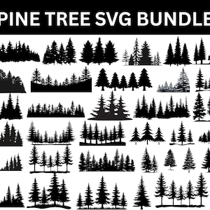 Puede incluir: Colección de siluetas de pinos en blanco y negro. La imagen incluye el texto "PINE TREE SVG BUNDLE" en la parte superior. Los diseños presentan diferentes arreglos de árboles, adecuados para proyectos de arte digital o manualidades.