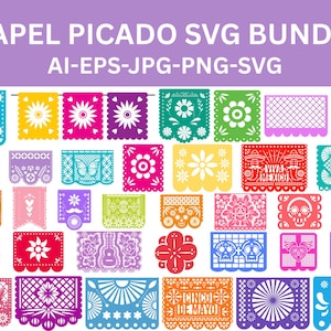 May include: A collection of colorful papel picado banners in various shapes and designs. The banners feature floral, geometric, and festive patterns, with text that reads "PAPEL PICADO SVG BUNDLE" and "CINCO DE MAYO". The image is a digital design resource.