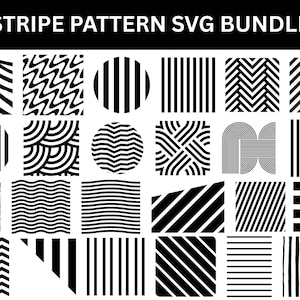 Puede incluir: Una colección de patrones de rayas en blanco y negro en varios diseños. Los patrones incluyen líneas rectas, zigzags y líneas curvas, dispuestos en cuadrados y círculos. El texto "STRIPE PATTERN SVG BUNDLE" está en la parte superior.