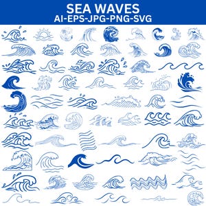 Op de afbeelding: Een verzameling blauwe illustraties van zeegolven op een witte achtergrond, met diverse stijlen oceaangolven, kammen en rimpelingen. De tekst bovenaan luidt SEA WAVES AI-EPS-JPG-PNG-SVG, wat de beschikbare digitale bestandsformaten aangeeft.