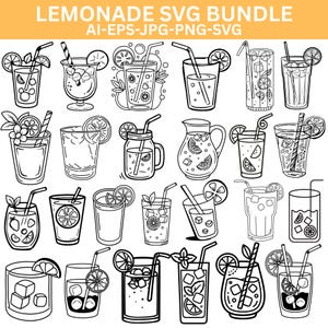 May include: A digital collection of black and white line art illustrations featuring various lemonade drinks in glasses and pitchers. The text LEMONADE SVG BUNDLE AI-EPS-JPG-PNG-SVG is displayed at the top. Each icon depicts a beverage with straws, ice cubes, and lemon slices.
