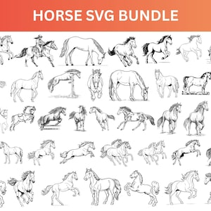 Könnte beinhalten: Eine Sammlung von schwarz-weißen Pferdeillustrationen in verschiedenen Posen, darunter Rennen, Springen und Grasen. Der Text "HORSE SVG BUNDLE" ist in Orange oben im Bild zu sehen.