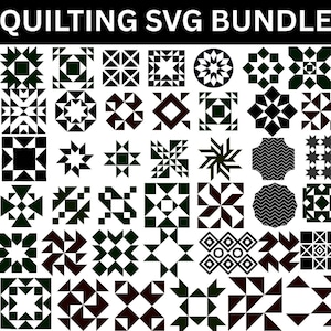 Puede incluir: Un conjunto de patrones de acolchado en negro y verde oscuro, dispuestos en una cuadrícula sobre un fondo blanco. Los patrones son formas geométricas, incluyendo cuadrados, triángulos y estrellas. El texto "QUILTING SVG BUNDLE" está en la parte superior.