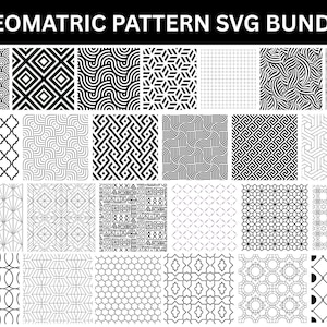 May include: A selection of black and white geometric patterns, featuring circles, diamonds, and abstract designs. The text "GEOMATRIC PATTERN SVG BUNDLE" is at the top. These patterns are ideal for diverse creative applications.