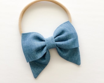 Chambray Sailor Bow Headband - Chambray Petite Sailor Bow Headband or Clip - Chambray Denim Colored Fabric Bow Headband - Sailor Bow Nylon