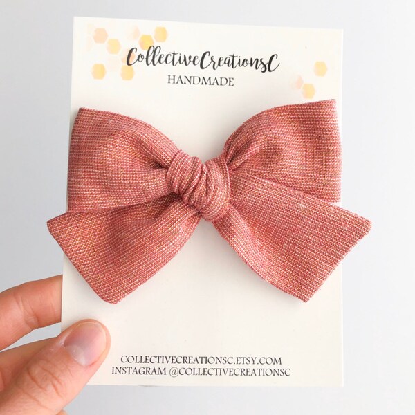 Rosy Pink Gold Metallic Linen Bow - Rosy Salmon Pink Bow - Metallic Linen Bows - Baby Bows - Baby Headbands - Pink Gold Metallic Hair Bows