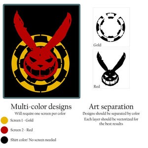 K&ouml;nnte beinhalten: Ein schwarzes Grafikdesign mit einem roten Kaninchenkopf mit einem finsteren Grinsen, vor einem gelben, zahnradartigen Kreis. Das Bild enth&auml;lt Text &uuml;ber mehrfarbige Designs und Farbtrennung f&uuml;r den Siebdruck.