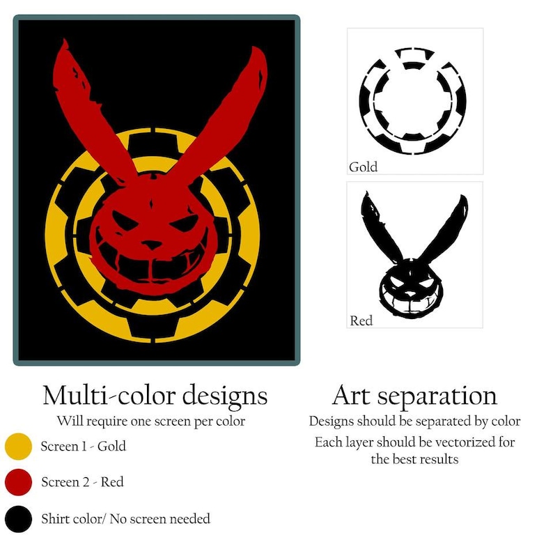 K&ouml;nnte beinhalten: Ein schwarzes Grafikdesign mit einem roten Kaninchenkopf mit einem finsteren Grinsen, vor einem gelben, zahnradartigen Kreis. Das Bild enth&auml;lt Text &uuml;ber mehrfarbige Designs und Farbtrennung f&uuml;r den Siebdruck.