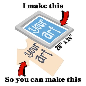 May include: An illustration showing the process of screen printing. A screen with the words "Your art" is above a t-shirt with the same text. The text "I make this" and "So you can make this" are also present. The screen size is 20" x 24".
