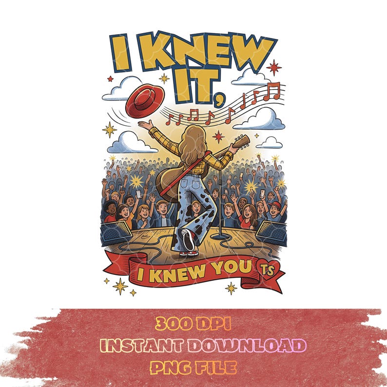 May include: A graphic illustration of a performer on stage with a guitar, wearing a yellow plaid shirt and cow-print bell-bottom jeans. The text reads I KNEW IT, and I KNEW YOU TS. The scene includes a cheering crowd, musical notes, and a red hat.