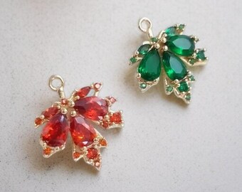 Gold Plated Crystal Maple Leaf Charm | Jewel Tone Pendant