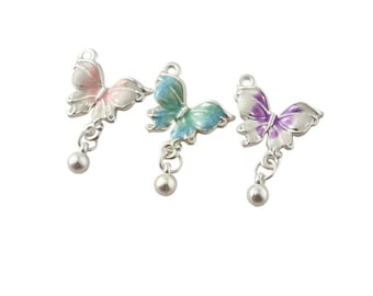 Enamel Butterfly Charm, Dangle Pendant, Silver-Tone Alloy, Colorful Accents.