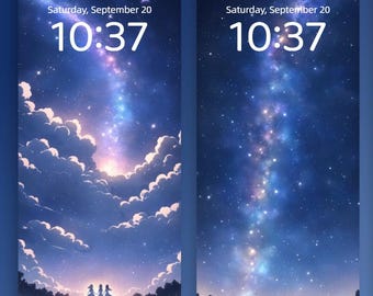 May include: Three phone screens displaying a starry night sky with the time 10:37 and the date Saturday, September 20. Each screen features a different composition of the night sky, with silhouettes of people and trees.