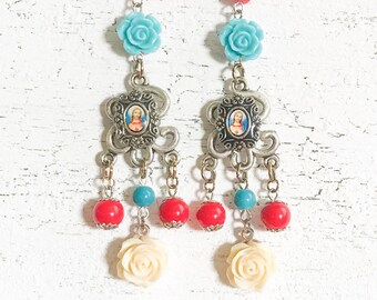 Reliquary Chandelier Statement Earrings, Sky Blue Red Jewelry, Religious Catholic Floral Earrings, Spiritual Jesus Assemblage Jewellery