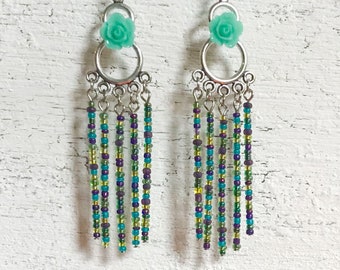 Teal Flower Tassel Earrings, Multicolor Beaded Rose Jewelry, Blue Green Fringe Jewellery, Southwestern Bohemian Chandelier Earrings