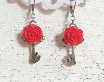 Red Rose Assemblage Earrings, Floral Silver Key Earrings, Boho Flower Statement Jewellery, Romantic Bohemian Jewelry, Key To My Heart