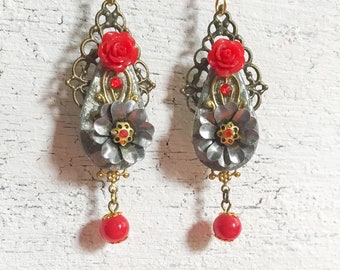 Red Rose Assemblage Earrings, Silver Flower Statement Earrings, Mexican Rhinestone Collage Jewellery, Floral Polymer Clay Jewelry