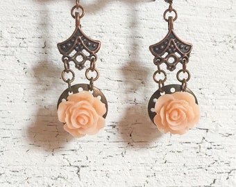 Peach Flower Copper Earrings, Coral Rose Cottagecore Jewellery, Bohemian Southwestern Statement Earrings, Floral Boho Assemblage Jewelry
