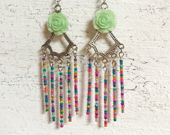 Mint Green Tassel Earrings, Green Flower Fringe Jewelry, Boho Beaded Chandelier Earrings, Southwestern Rose Statement Jewellery