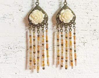 Ivory Flower Tassel Earrings, Bohemian Beaded Assemblage Jewellery, White Rose Chandelier Earrings, Beaded Fringe Statement Jewelry