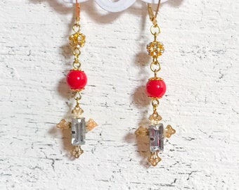 Cross Assemblage Rhinestone Earrings, Red Gold Filigree Jewellery, Bohemian Religious Collage Earrings, Spiritual Boho Statement Earrings