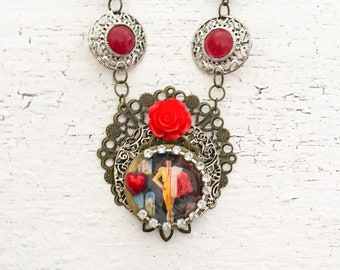 Spanish Matador Assemblage Necklace, Red Rose Heart Jewellery, Floral Spanish Bullfighter Jewelry, Resin Photo Pendant Necklace