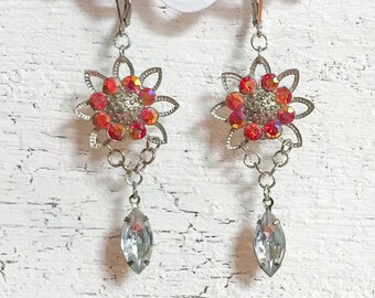 Orange Sunflower Rhinestone Earrings, Vintage Daisy Assemblage Jewellery, Bohemian Floral Statement Earrings, Boho Flower Costume Jewelry