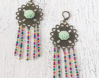 Southwestern Bohemian Tassel Earrings, Mint Green Flower Jewellery, Floral Rose Fringe Earrings, Mexican Assemblage Statement Jewelry