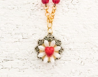 Heart Flower Assemblage Necklace, Whimsical Love Collage Jewellery, Gold Red Pearl Necklace, Valentines Day Statement Jewelry