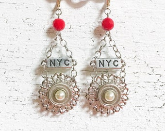 New York City Earrings, Embossed NYC Assemblage Jewellery, Vintage Pearl Button Jewelry, Silver Chandelier Statement Earrings